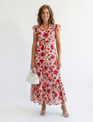Lila floral v-neck tiered midi dress by THE WHITMORE FAMILY, shown with a flowy, tiered skirt and vibrant floral pattern.