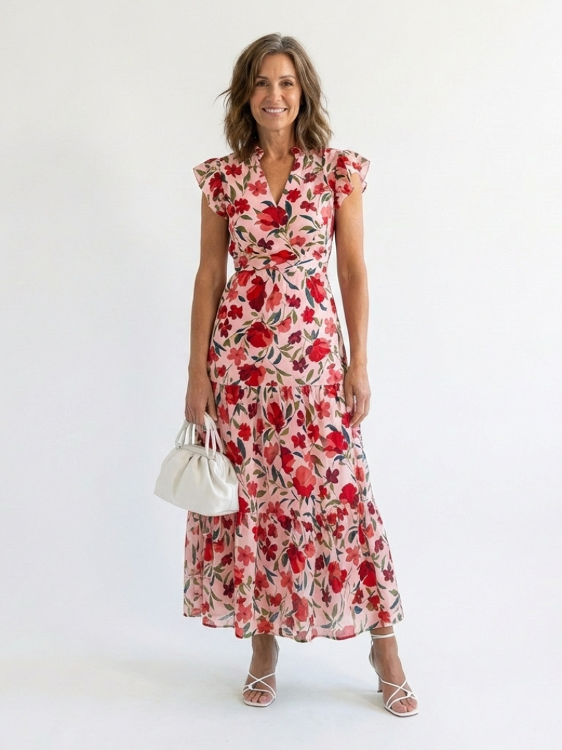 Lila floral v-neck tiered midi dress by THE WHITMORE FAMILY, shown with a flowy, tiered skirt and vibrant floral pattern.