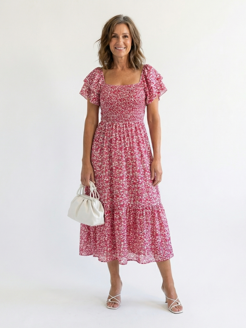 Odette off-shoulder floral smocked midi dress by THE WHITMORE FAMILY, featuring a flowy silhouette and feminine floral print.