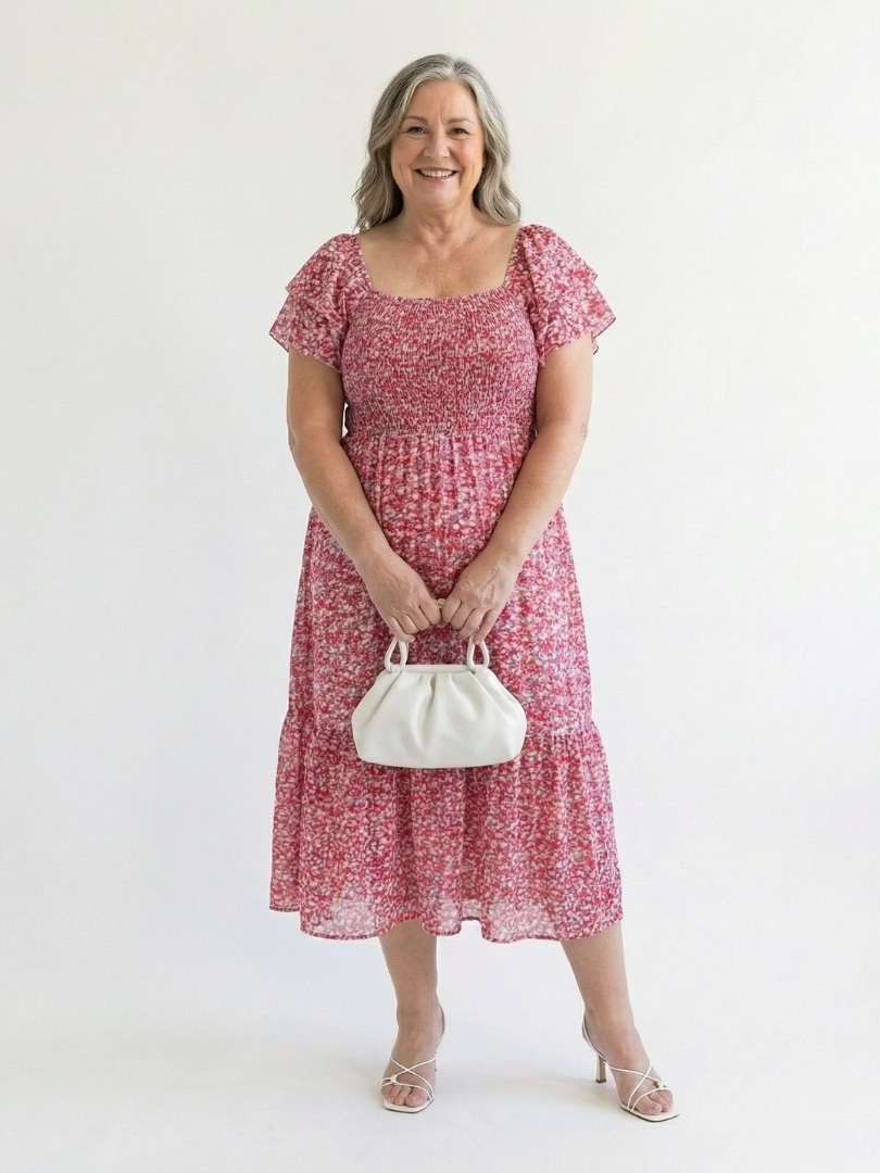 Odette off-shoulder floral smocked midi dress by THE WHITMORE FAMILY, featuring a flowy midi length and feminine floral print.