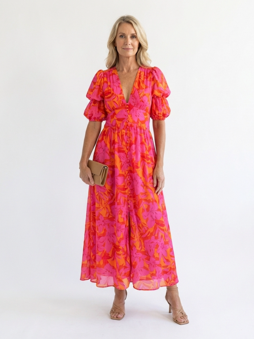 Willow floral V-neck puff sleeve midi dress by THE WHITMORE FAMILY, featuring a fitted waist, V neckline, and puff sleeves.