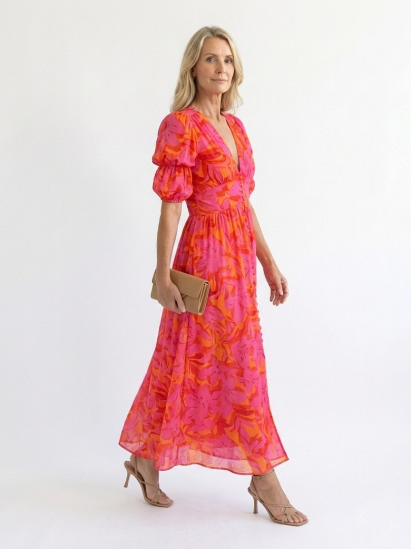 Willow floral V-neck puff sleeve midi dress by THE WHITMORE FAMILY, featuring a flowy midi length and floral pattern.