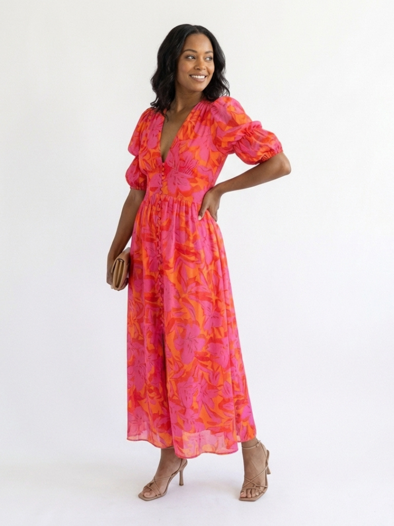 Willow floral V-neck puff sleeve midi dress by THE WHITMORE FAMILY, featuring a feminine floral pattern and elegant midi length.