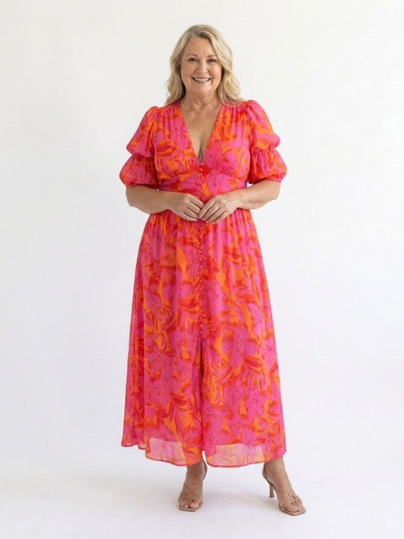 Willow floral V-neck puff sleeve midi dress by THE WHITMORE FAMILY, featuring a flowy fit and elegant midi length.