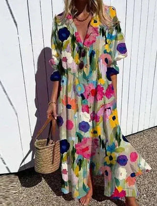 Multi-color Rimmey Beachcomber Boho Dress by THE WHITMORE FAMILY, flowing fabric with a relaxed, bohemian style.
