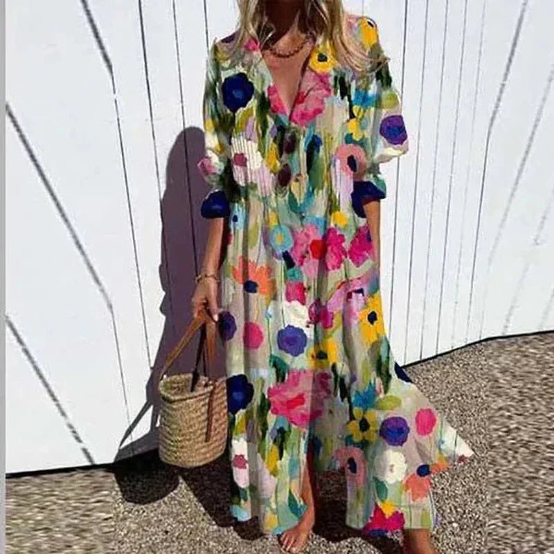 Multi-color Rimmey Beachcomber Boho Dress by THE WHITMORE FAMILY, flowing fabric with a relaxed, bohemian style.
