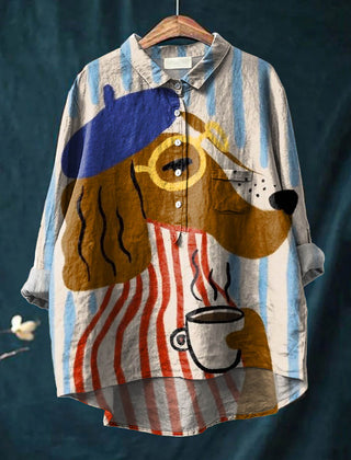 Charlie artistic dog and coffee print shirt by THE WHITMORE FAMILY, featuring colorful dog and coffee cup design.