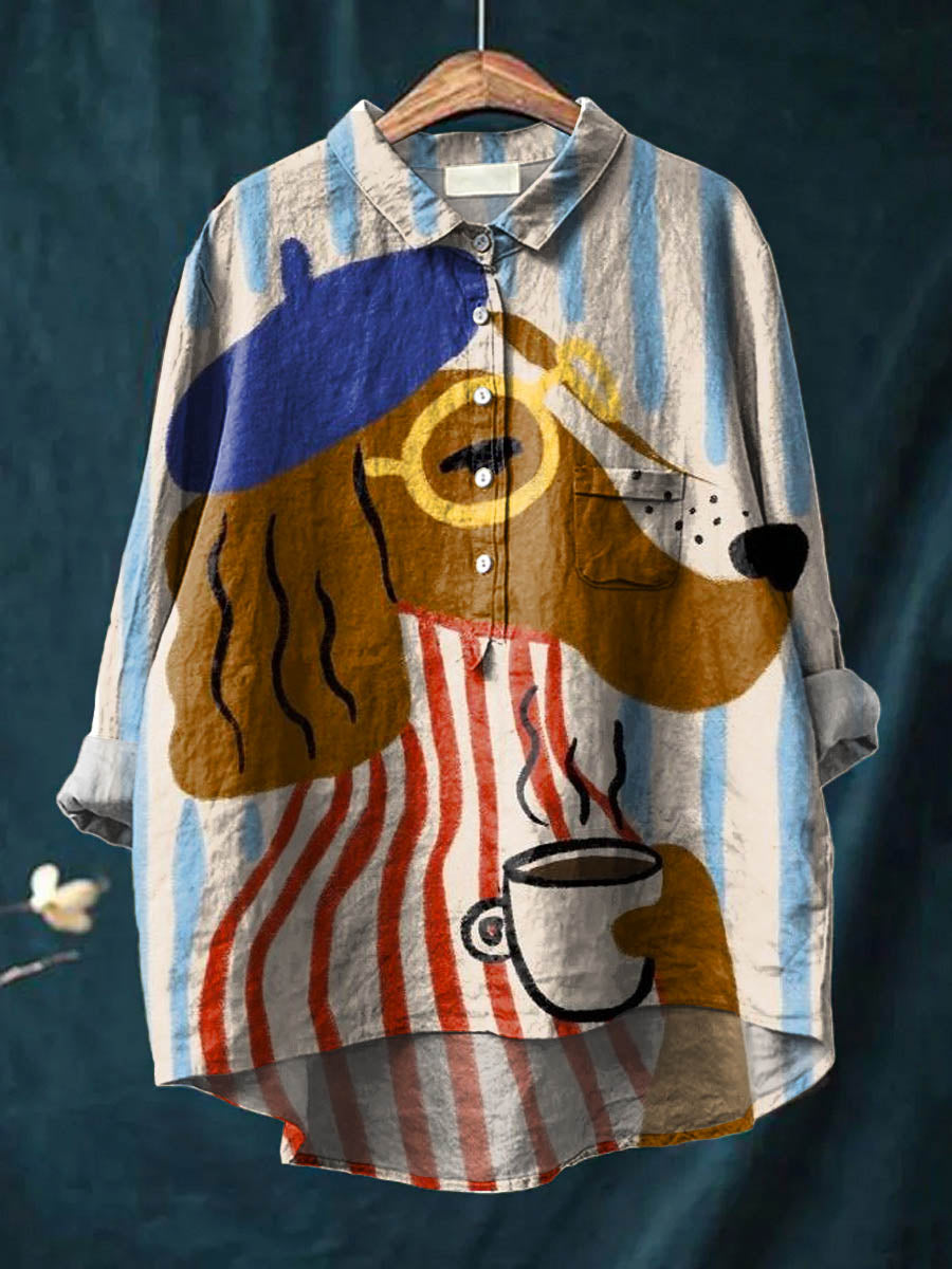Charlie artistic dog and coffee print shirt by THE WHITMORE FAMILY, featuring colorful dog and coffee cup design.