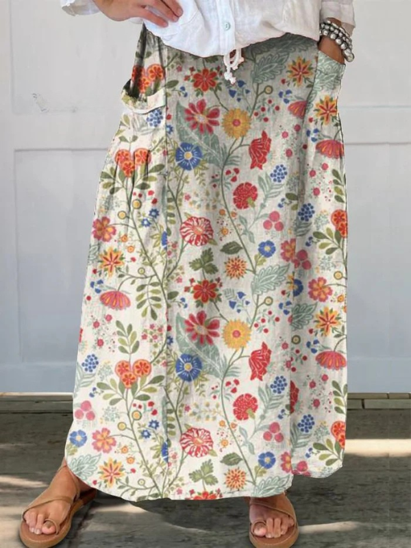 Fabi floral print elastic waistband pocket skirt by THE WHITMORE FAMILY, multicolor pattern, lightweight and casual for everyday wear.