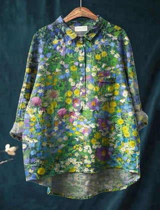 Multicolor Grace Garden Blooms shirt by THE WHITMORE FAMILY featuring vibrant floral pattern on lightweight fabric.