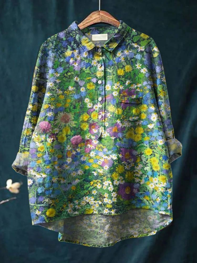 Multicolor Grace Garden Blooms shirt by THE WHITMORE FAMILY featuring vibrant floral pattern on lightweight fabric.