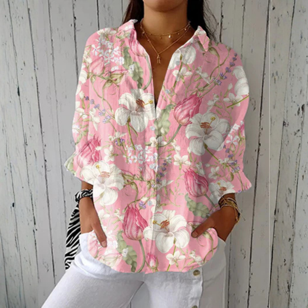 Multicolor Hannah™ Elegant Bloom Blouse from THE WHITMORE FAMILY featuring floral pattern, lightweight fabric, and stylish design.
