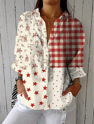 Heather™ Country Patchwork Blouse by THE WHITMORE FAMILY, featuring multicolor patchwork fabric and a casual, stylish fit.
