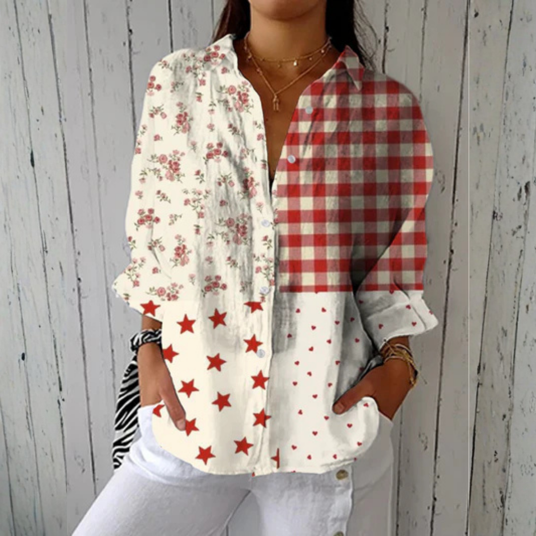 Heather™ Country Patchwork Blouse by THE WHITMORE FAMILY, featuring multicolor patchwork fabric and a casual, stylish fit.