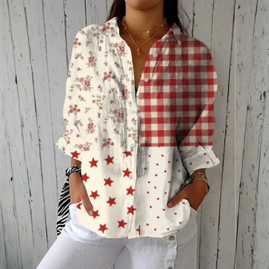 Heather™ Country Patchwork Blouse by THE WHITMORE FAMILY, featuring multicolor patchwork fabric and a casual, stylish fit.