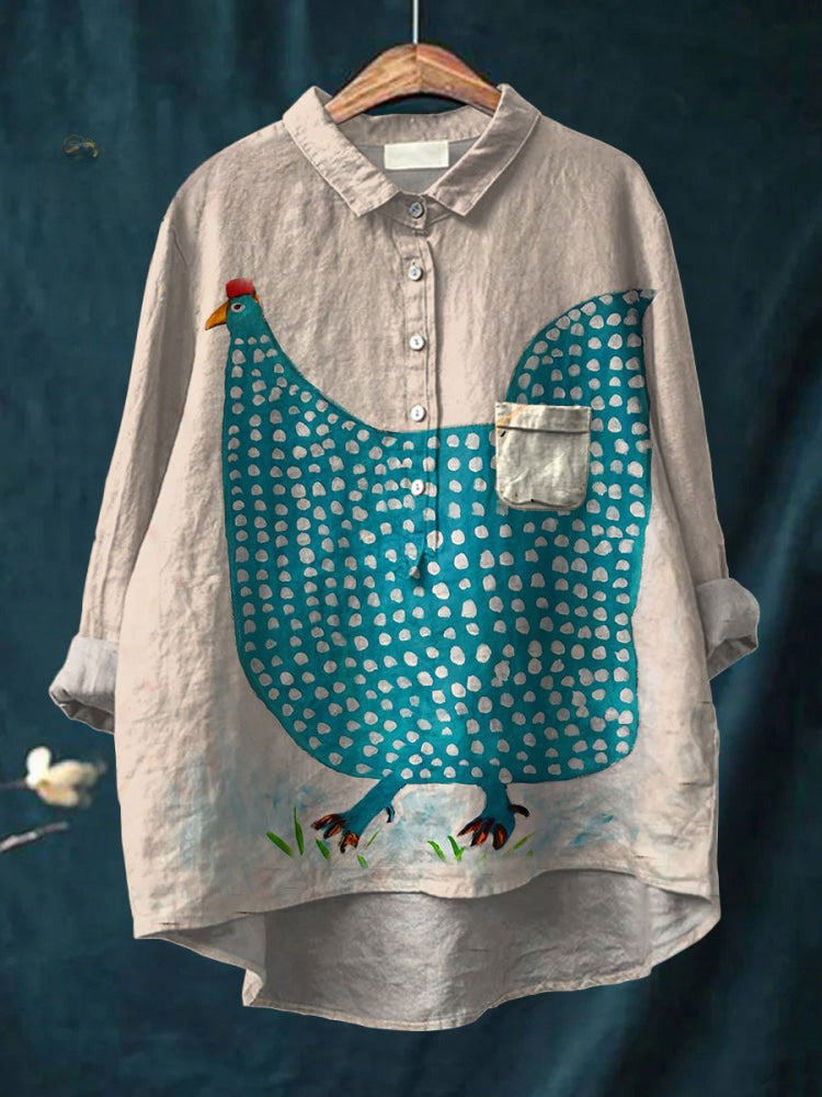 Henrietta playful polka dot chicken shirt by THE WHITMORE FAMILY, colorful fabric with fun chicken print for women.