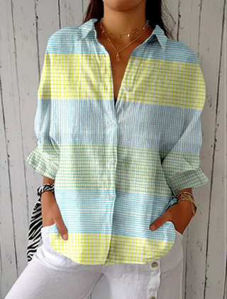 Holly™ pastel grid blouse by THE WHITMORE FAMILY featuring multicolor checkered pattern and lightweight fabric.