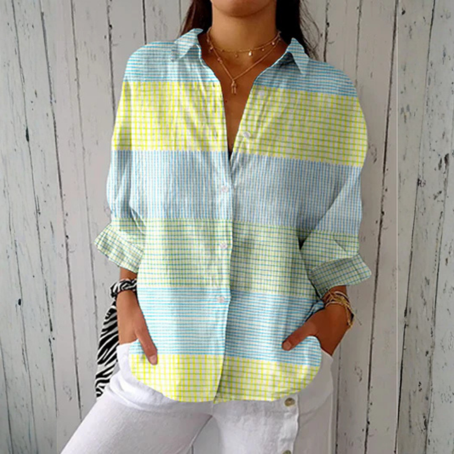 Holly™ pastel grid blouse by THE WHITMORE FAMILY featuring multicolor checkered pattern and lightweight fabric.