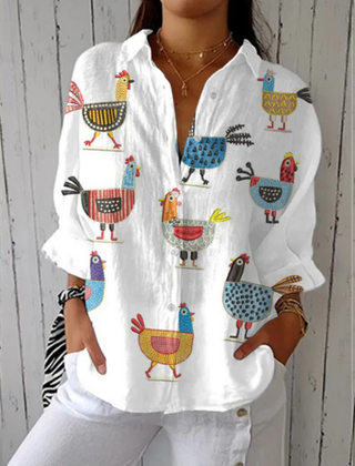 Kimberly™ Playful Hen Blouse by THE WHITMORE FAMILY featuring vibrant multicolor hen print and lightweight fabric.