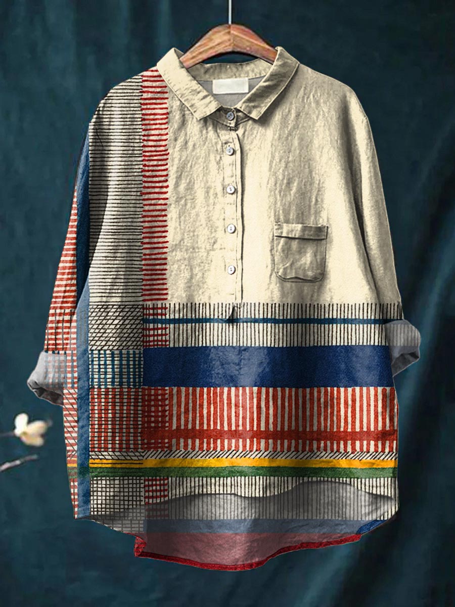 Lena Artistic Stripes Shirt by THE WHITMORE FAMILY featuring multicolor vertical stripes, casual fit, and button-down front.