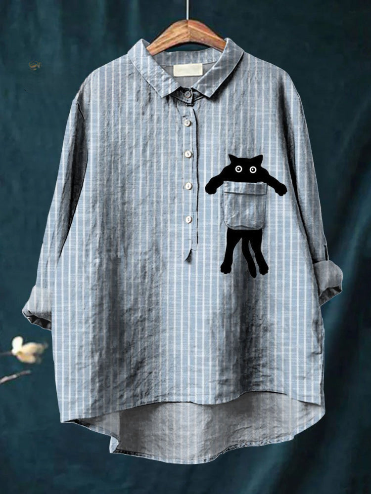 Multicolor Milo cat pocket shirt by THE WHITMORE FAMILY featuring a playful cat design on a casual button-up shirt.