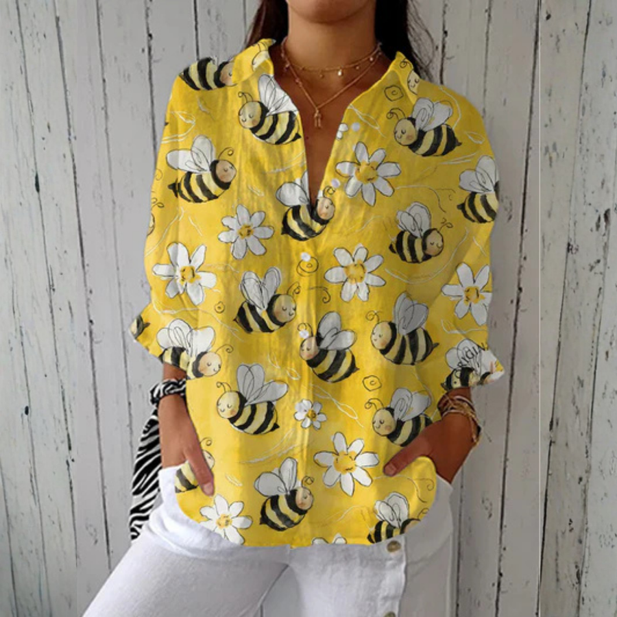 Nancy™ Bee Blossom Blouse by THE WHITMORE FAMILY in multicolor, featuring a floral bee pattern and lightweight fabric.