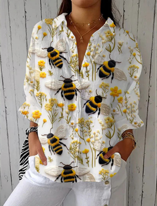 Nathalie™ Golden Bee Blouse by THE WHITMORE FAMILY, multicolor fabric with floral and bee patterns, lightweight and stylish women’s top