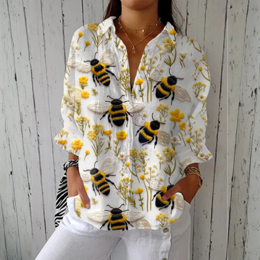 Nathalie™ Golden Bee Blouse by THE WHITMORE FAMILY, multicolor fabric with floral and bee patterns, lightweight and stylish women’s top