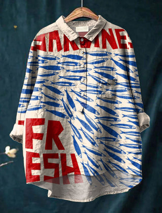Multicolor Ocean Fresh Sardines print shirt by THE WHITMORE FAMILY featuring a vibrant aquatic fish design.