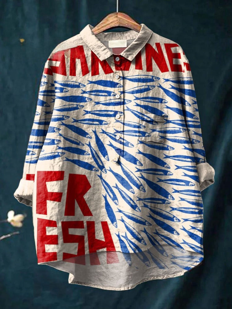 Multicolor Ocean Fresh Sardines print shirt by THE WHITMORE FAMILY featuring a vibrant aquatic fish design.