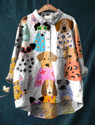 Sandra Pawsitive Dog Print Shirt by THE WHITMORE FAMILY, colorful casual shirt with playful dog designs, perfect for dog lovers