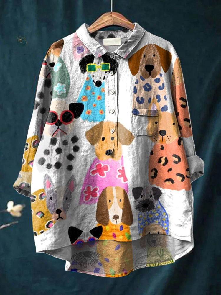 Sandra Pawsitive Dog Print Shirt by THE WHITMORE FAMILY, colorful casual shirt with playful dog designs, perfect for dog lovers