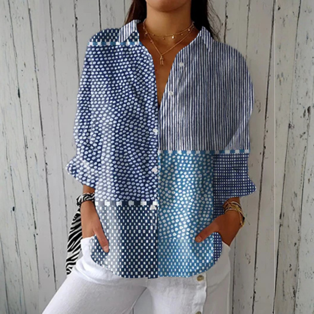 Multicolor Sophie™ Ocean Patchwork Blouse by THE WHITMORE FAMILY featuring a relaxed fit and vibrant patchwork design.