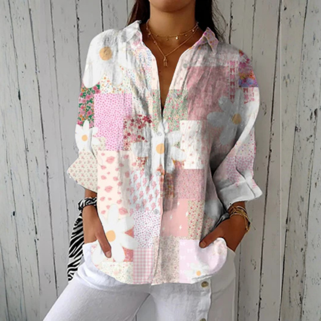 Multicolor patchwork Daisy blouse from THE WHITMORE FAMILY's Stephanie collection, featuring a stylish, casual design with floral details.