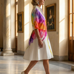 Ulyssa Painted Garden Dress by THE WHITMORE FAMILY, featuring vibrant multicolor floral patterns and a flowing design.