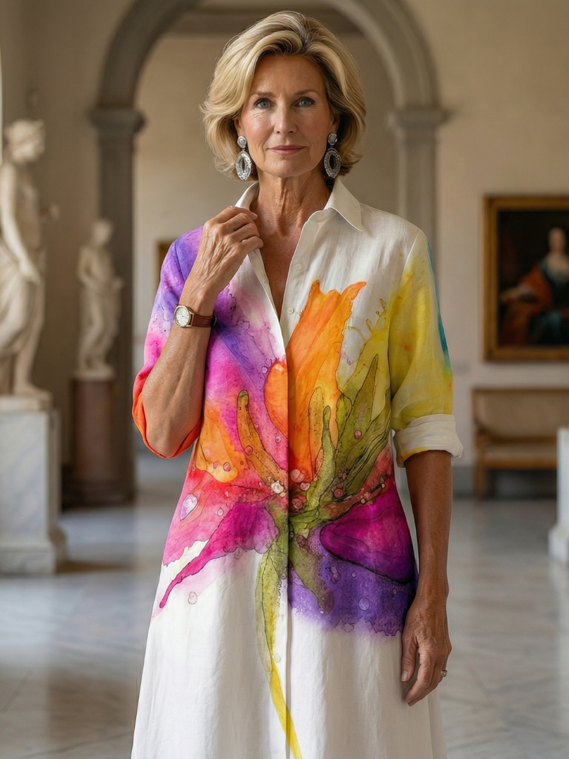 Ulyssa Painted Garden Dress by THE WHITMORE FAMILY, featuring colorful floral patterns and a flowing silhouette.