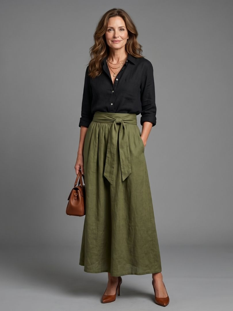 Vera two-piece set featuring a black blouse and olive green midi skirt by THE WHITMORE FAMILY, styled together on a model.