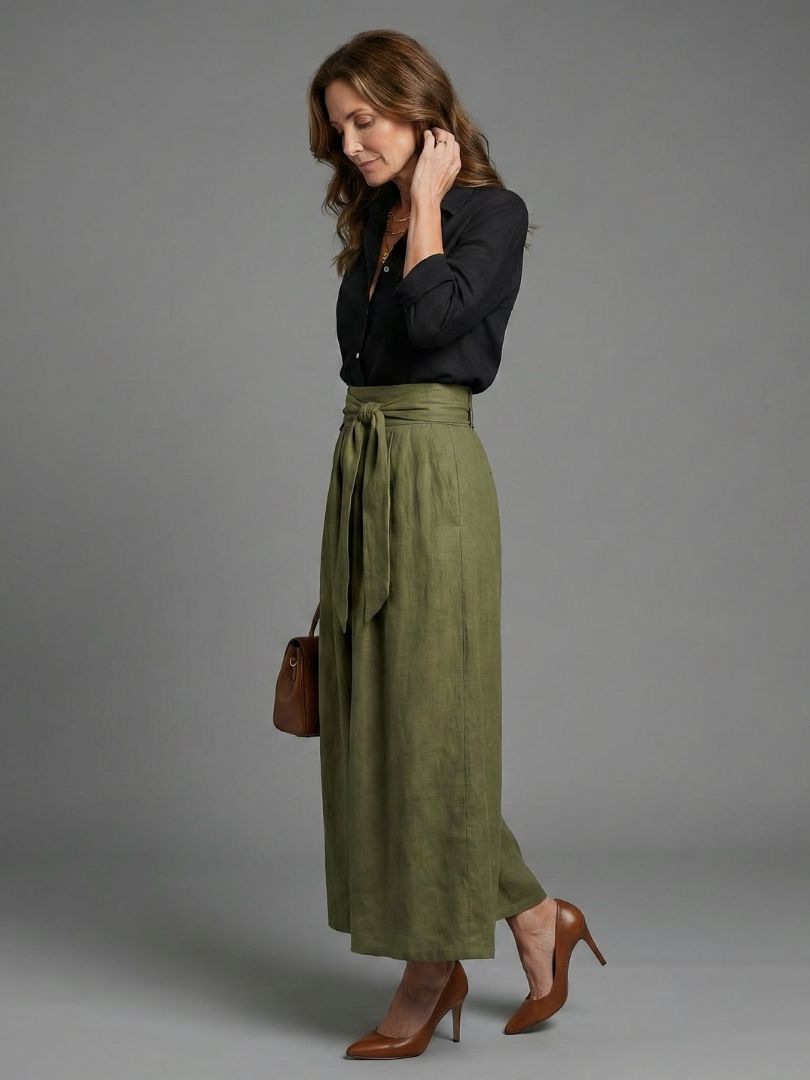 Vera two-piece set featuring a black blouse and olive green midi skirt from THE WHITMORE FAMILY. Stylish and coordinated outfit.