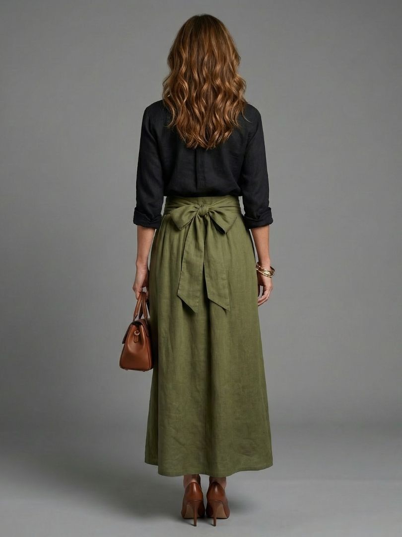 Vera two-piece set by THE WHITMORE FAMILY featuring a black blouse and olive green midi skirt, displayed on a model.