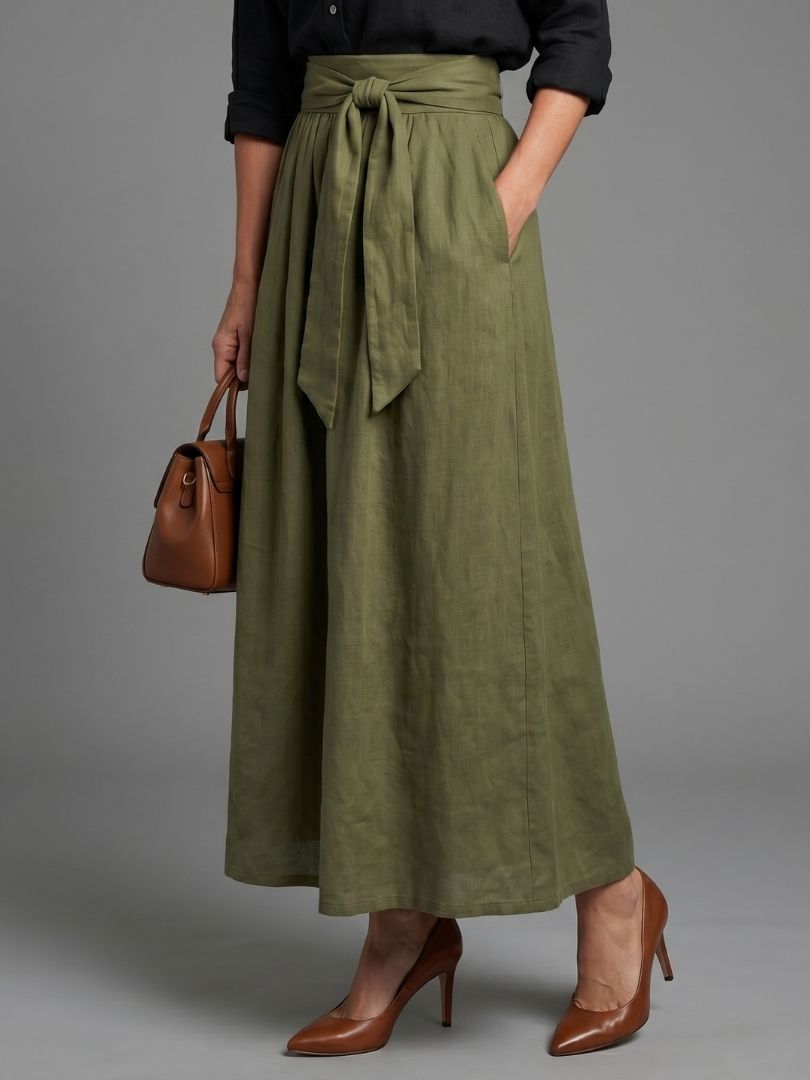 Vera two-piece set featuring a black blouse and olive green midi skirt by THE WHITMORE FAMILY, styled for a fashionable look.