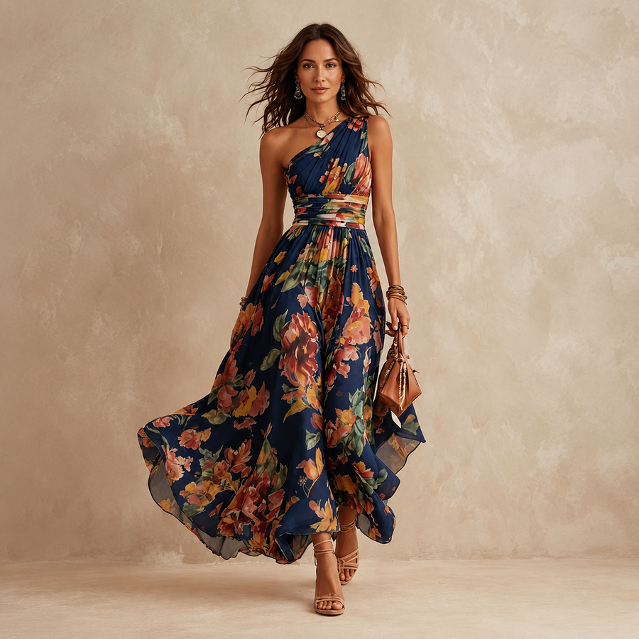 Celeste one-shoulder floral maxi dress by THE WHITMORE FAMILY featuring vibrant flower patterns and flowing fabric.