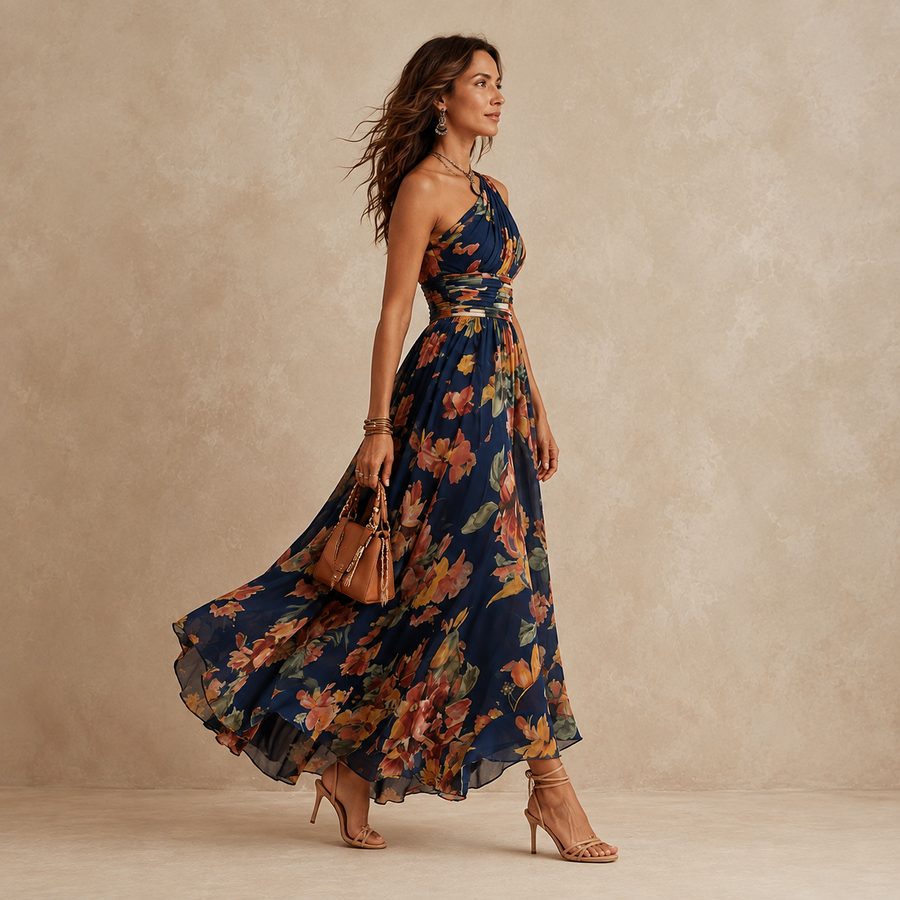 Celeste one-shoulder floral maxi dress by THE WHITMORE FAMILY, featuring a flowing silhouette and vibrant floral pattern.