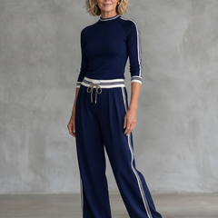 Navy Eirlys fitted long sleeve top and wide leg pants set by THE WHITMORE FAMILY, casual stylish outfit for women.