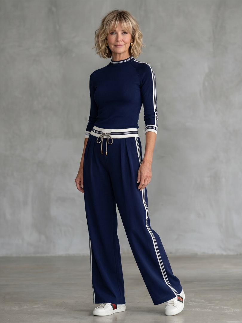 Navy Eirlys fitted long sleeve top and wide leg pants set by THE WHITMORE FAMILY, casual stylish outfit for women.