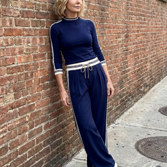 Navy Eirlys fitted long sleeve top with wide-leg pants set by THE WHITMORE FAMILY, stylish and comfortable women's fashion ensemble