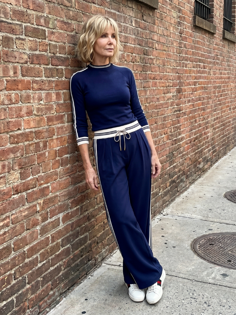 Navy Eirlys fitted long sleeve top with wide-leg pants set by THE WHITMORE FAMILY, stylish and comfortable women's fashion ensemble