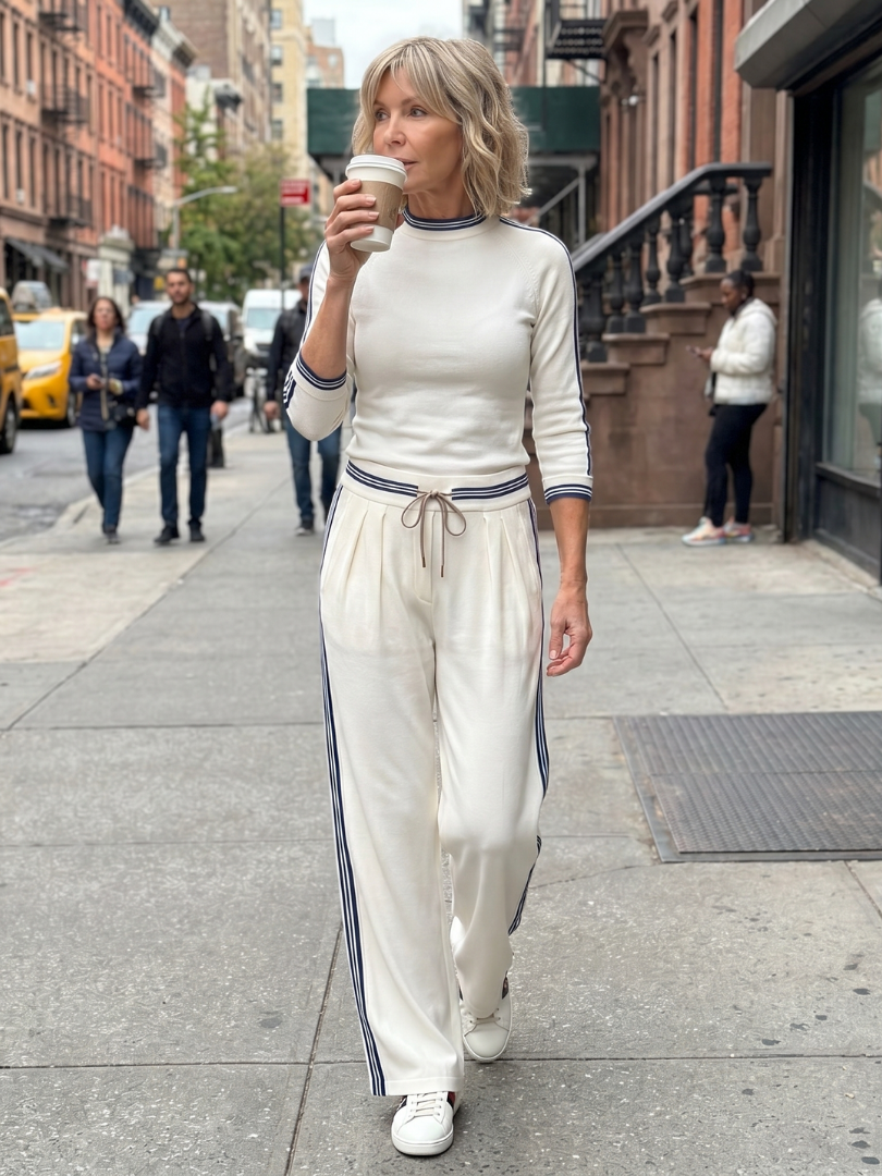 Navy Eirlys fitted long sleeve top and wide-leg pants set by THE WHITMORE FAMILY, stylish and comfortable matching outfit for women.