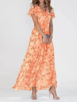 Orange Lily glamorous dress by THE WHITMORE FAMILY, designed to cover the belly, shown on a model.