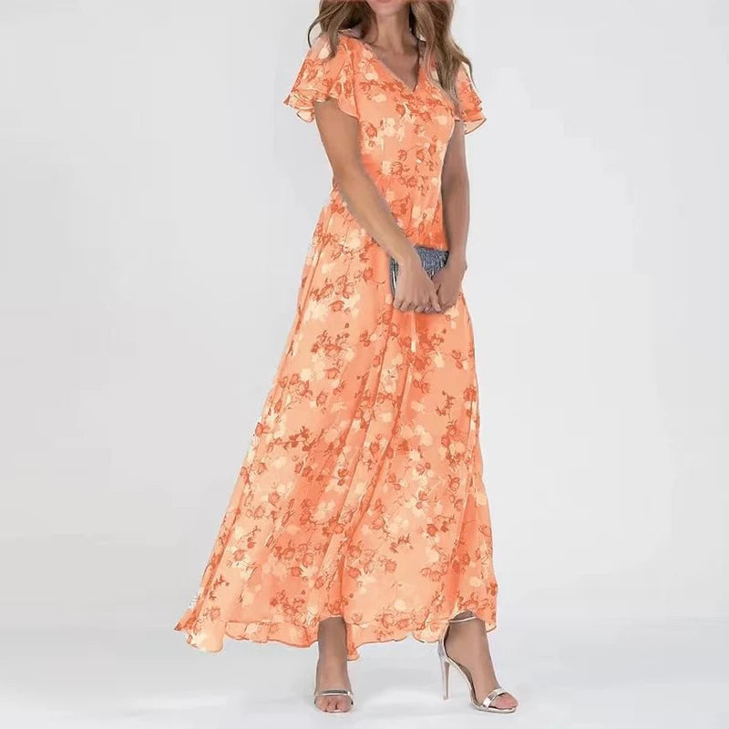 Orange Lily glamorous dress by THE WHITMORE FAMILY, designed to cover the belly, shown on a model.