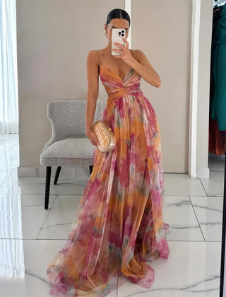 Grace Romantic Invisible Dress by THE WHITMORE FAMILY, orange color, fitted silhouette, lightweight fabric, shown on a model.
